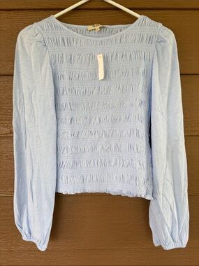 Madewell NWT Light Blue Smocked Long-Sleeve Ribbed Blouse -Sz S
